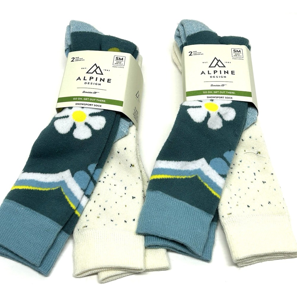 Alpine Design Girls Small Lot of 2 (2 Pair Each) Blue Snowsport Daisy Socks (B7)